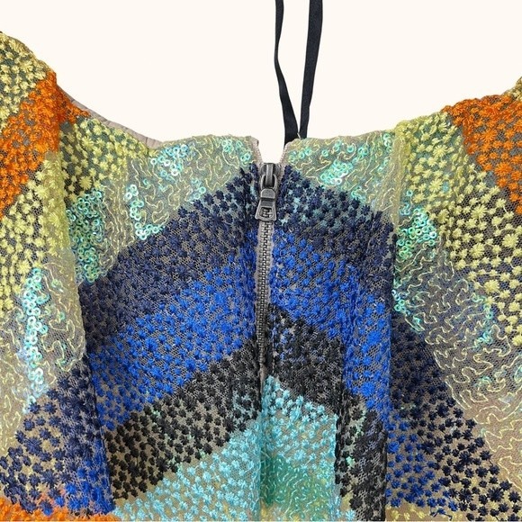 Alice + Olivia | Annabeth Sequin Embroidered Mesh Rainbow Striped Ruffle Dress - Picture 9 of 16